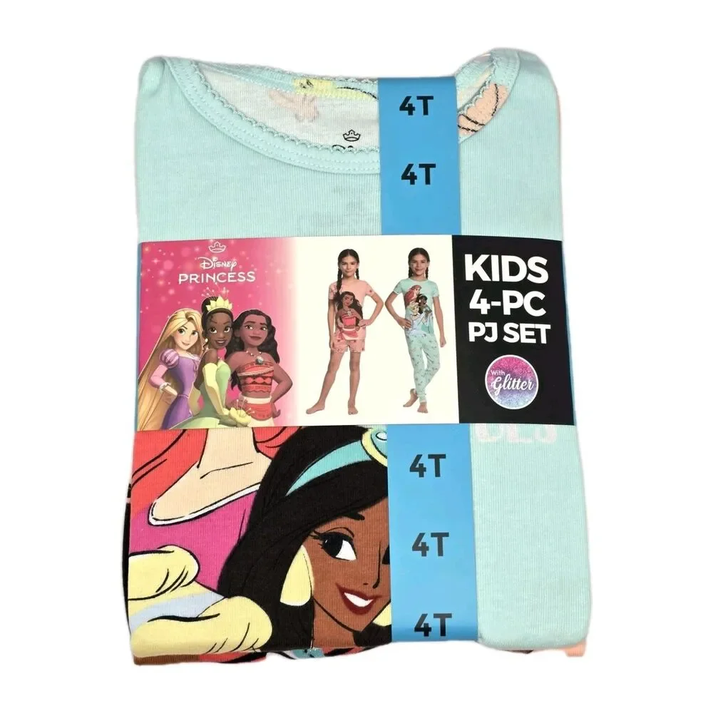 Disney Princess 4pc Pajama Set Cotton Glitter Accents Size 4T